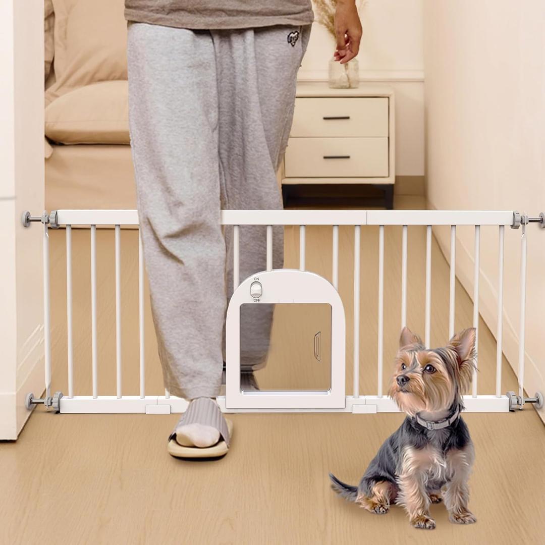 No Pawblems Dog Gate with Small Pet Door, 16"-42.7" Adjustable Metal Short Dog Gate to Step Over, 16.5" Tall Small Pet Gate with 3 Extension Kits, Pressure Mounted Gate for Doorways & Stairs, White
