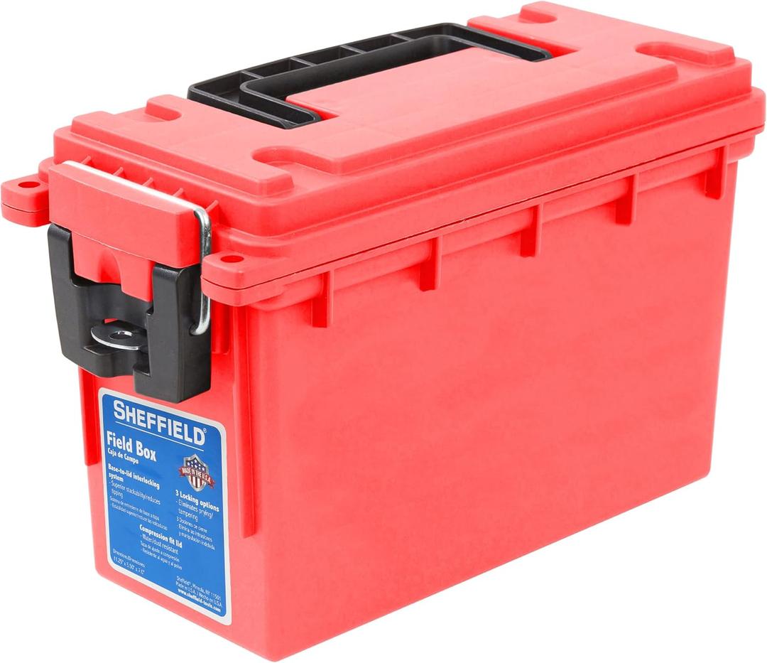Sheffield 12636 Ammo Storage Box, Stackable .30 Cal Field Boxes, Water and Dust Resistant, Lockable Storage Box with Handle, Secures Hunting Gear, Supplies, and Bullets, Made in USA, Red, 1-Pack