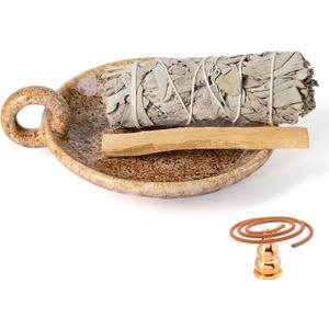 Ceramic Candle Holders with Handle, Palo Santo Holder for Burning, Vintage Farmhouse Smudge Incense Stick Bowl, Sage Burner Tray, Ash Catcher Plate for Meditation Room Home Decor (Khaki) (Brown White)