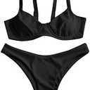 ZAFUL Women's Ribbed Underwire Bikini Set High Cut Colorblock V Notch Swimwear Printed High Leg Swimsuit (Black)