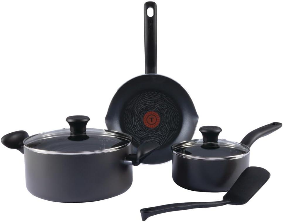 T-fal Initiatives Nonstick Cookware Set 6 Piece Oven Safe 350F Cookware, Pots and Pans, Oven, Broil, Dishwasher Safe Gray (Black)