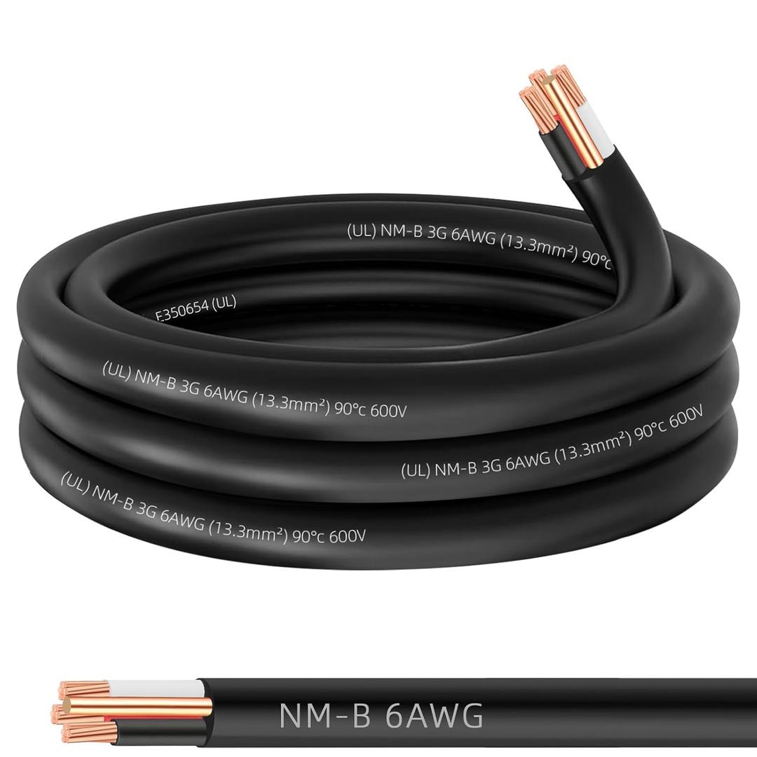 NM-B 6/3 Wire with Ground,15ft 6 AWG Copper Wire 6 Gauge 3 Conductor Nonmetallic Sheathed NM-B Cable,6/3 NM-B W/G Wire Stranded Indoor Residential Electrical Wiring for Branch Circuit Switches,Outlets