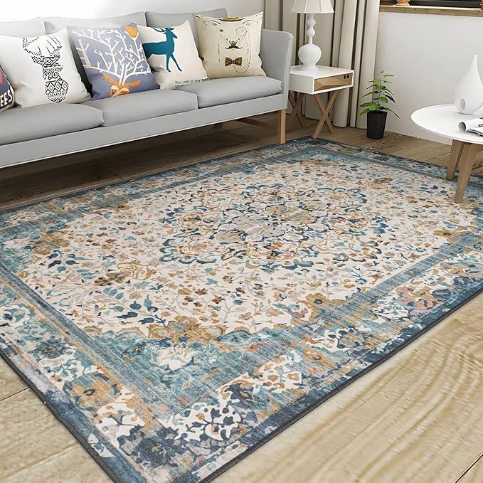 4x6 Area Rug for Living Room, Machine Washable Rugs with Non-Slip Backing for Bedroom, Vintage Throw Rugs Low Pile Carpet for Dining Room Kitchen Office Home Decor, Green