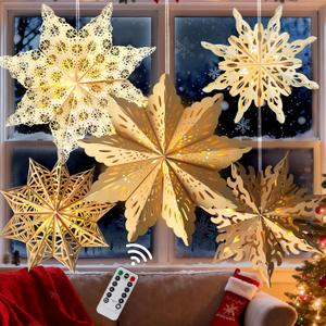 5Pcs Christmas Paper Snowflake Lanterns, Large Christmas Paper Star Lanterns with LED Lights White Beige Khaki Hanging Snowflake Lamps for Xmas Winter Frozen Wedding Birthday Holiday Party Decorations