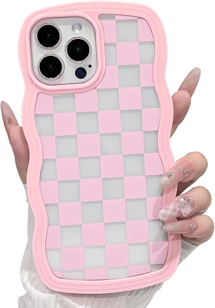 NITITOP Compatible with iPhone 12 Pro Max Case Cute Clear Curly Wavy Frame Shape Aesthetic Checkerboard Checkered Pattern for Women Girls Shockproof Soft TPU 2 in 1 Protective Phone Cover - Pink