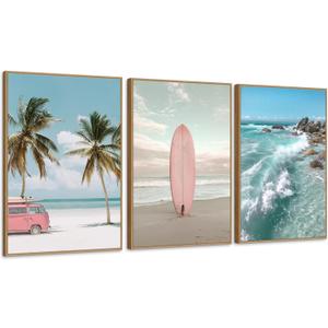 Beach Seascape Pink Surfboard Framed Canvas Wall Art Set, Palm Tree Nature Wall Decor Coastal Ocean Landscape Print for Bedroom Living Room Bathroom 3 Panels, 16x24 Inch - Ready to Hang