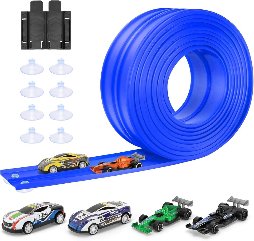 KETIEE Flex Tracks 16Ft for Kids: Flexible Race Car Ramp Track with 4 Small Racecars and 8 Suction Cups Compatible with Diecast 1/64th Cars, Rolls Up Portable Racetrack for Ages 3 & Up (Blue)