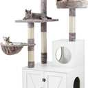 Litter Box Enclosure with Cat Tree, 2-in-1 Hidden Litter Box Furniture with Scratching Post, Modern Cat Condo, White