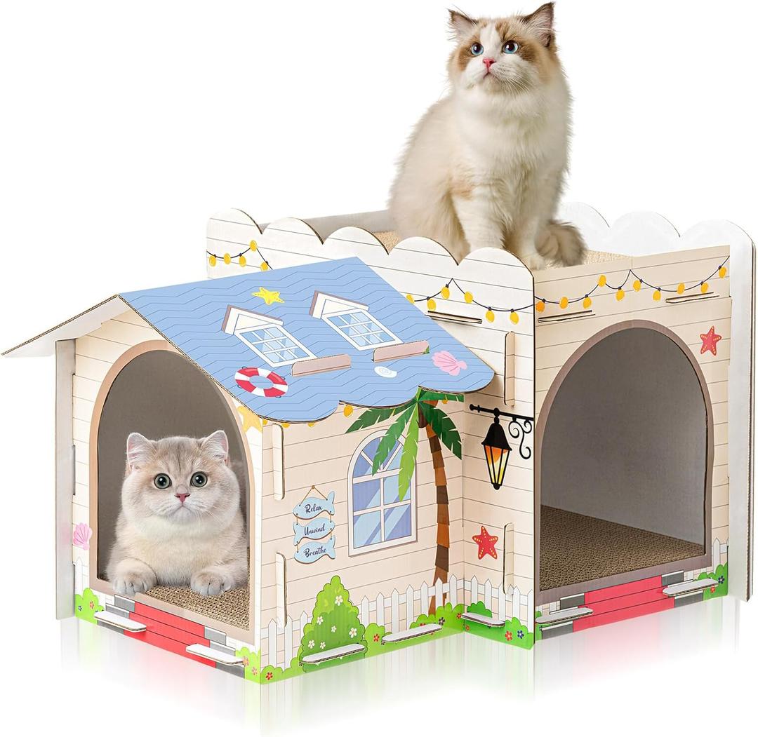 Multi Level Cardboard Cat House with Scratchers Large Sturdy Cat Villa 17"x12"x10" Cute Pet Condo Beds Toys Hideout for Bunny Rabbit Small Animals Birthday Christmas (Beach)