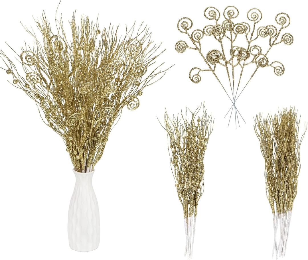 20PCS Glitter Artificial Curly Berry Stems Ornaments Fake Christmas Candy Picks Decorative Glitter Sticks Branches Combo Set for Xmas Tree Wreath Crafts Vase Filler Home Decor (Gold)