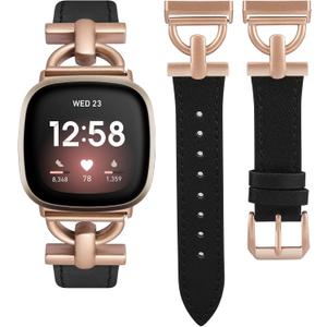 Wearlizer Leather Band Compatible with Fitbit Versa 4 Bands for Woman/Versa 3/Sense 2/Sense Bands Women, Dressy Leather Strap with D-Shape Metal Buckle Smartwatch Wristband (Black/Rose Pink)