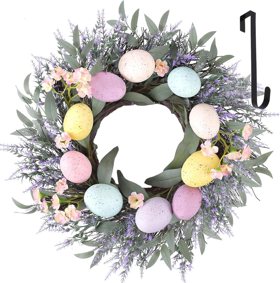 Easter Decorations 17 Inch Easter Wreaths for Front Door, Large Easter Purple Lavender Spring Flowers Wreath with Hanger for Wall Window Fireplace Indoor Outdoor Home Decorations