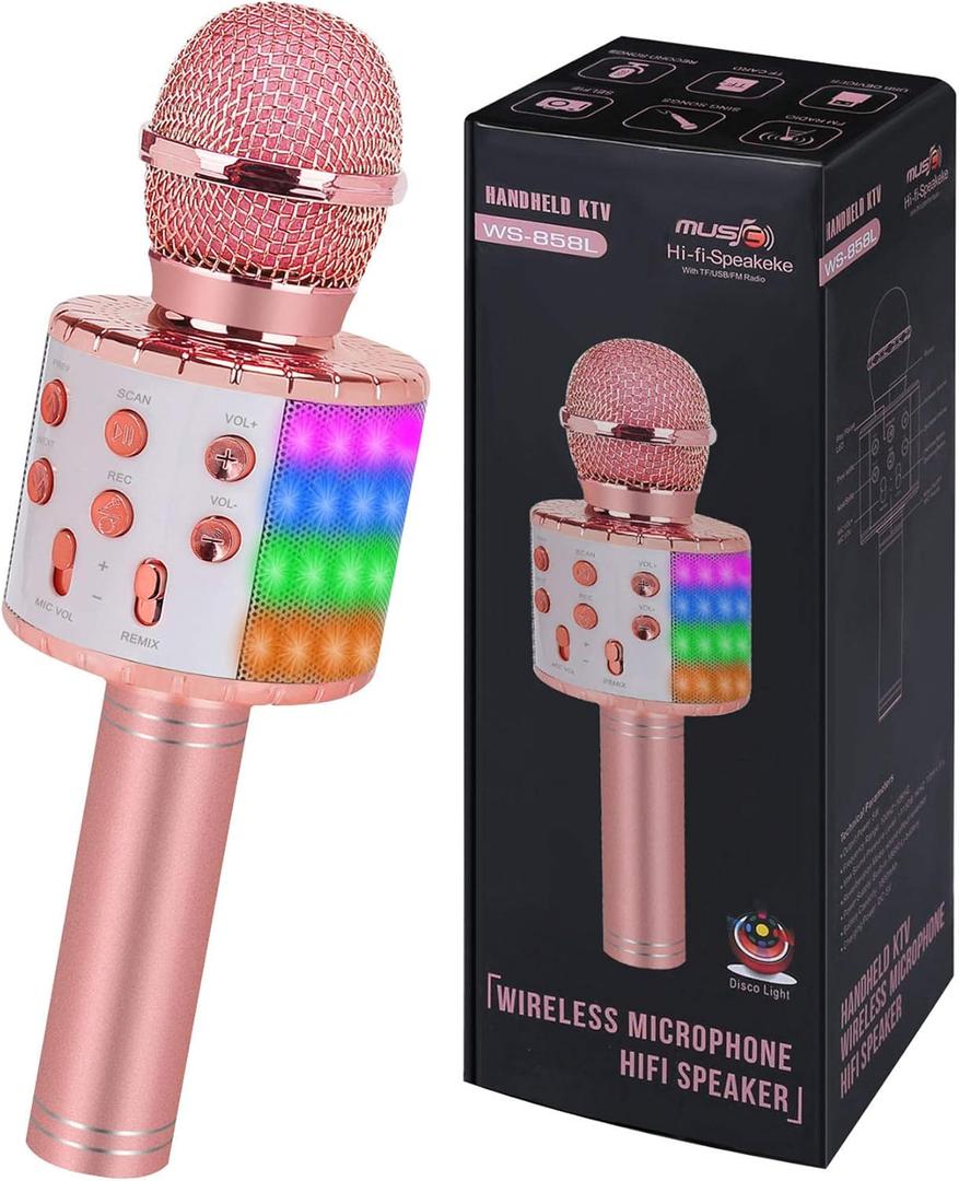 Bluetooth Karaoke Microphone Wireless: Karaoke Mic with Led Lights for Adults Kids Singing - Perfect Toys for Girls Birthday Gifts, 02-Champagne With Light