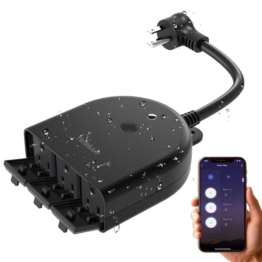 TESSAN Outdoor Smart Plug Waterproof, 2.4GHz WiFi Only, WiFi Smart Outlet with 3 Individual Sockets Compatible with Alexa and Google Home, Remote Control and Timer Function (Frosted Black)