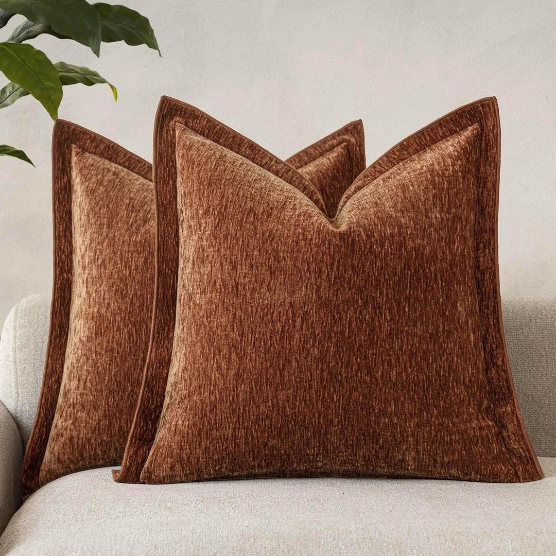 Decorative Chenille Luxury Throw Pillow Covers with Wide Edge, Textured Solid Pillowcases, Soft Velvet Cushion Cover Home Dcor for Couch Sofa Chair Bed,1818 Inch, Set of 2, Burnt Orange