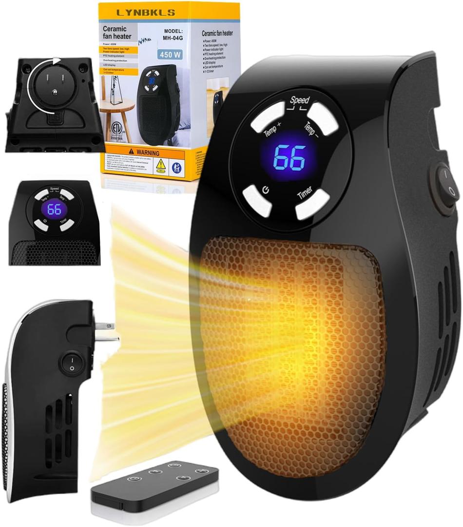 Upgrade Smart Plug in Wall Space Heater,450W Programmable Portable Electric Small Safe Heater,Adjustable Thermostat Timer,Overheat Protection,LED Display (Black-Smart)