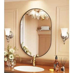 Theosynmir 18x24 Black Oval Mirror, Metal Frame Bathroom Mirror, Entryway Mirrors for Wall, Bathroom Vanity Mirrors for Over Sink, Pill Shaped Framed Wall-Mounted Mirrors for Hallway, Dresser, Bedroom