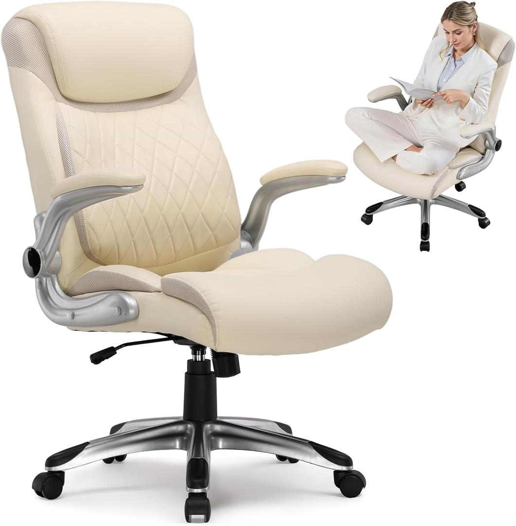 GTPLAYER Big and Tall High Back Office Chair 400LBS Wide Leather Executive Chair Height Adjustable Lumbar Support & Armrests, Comfy Desk Gaming Chairs Computer Swivel Chair, Beige
