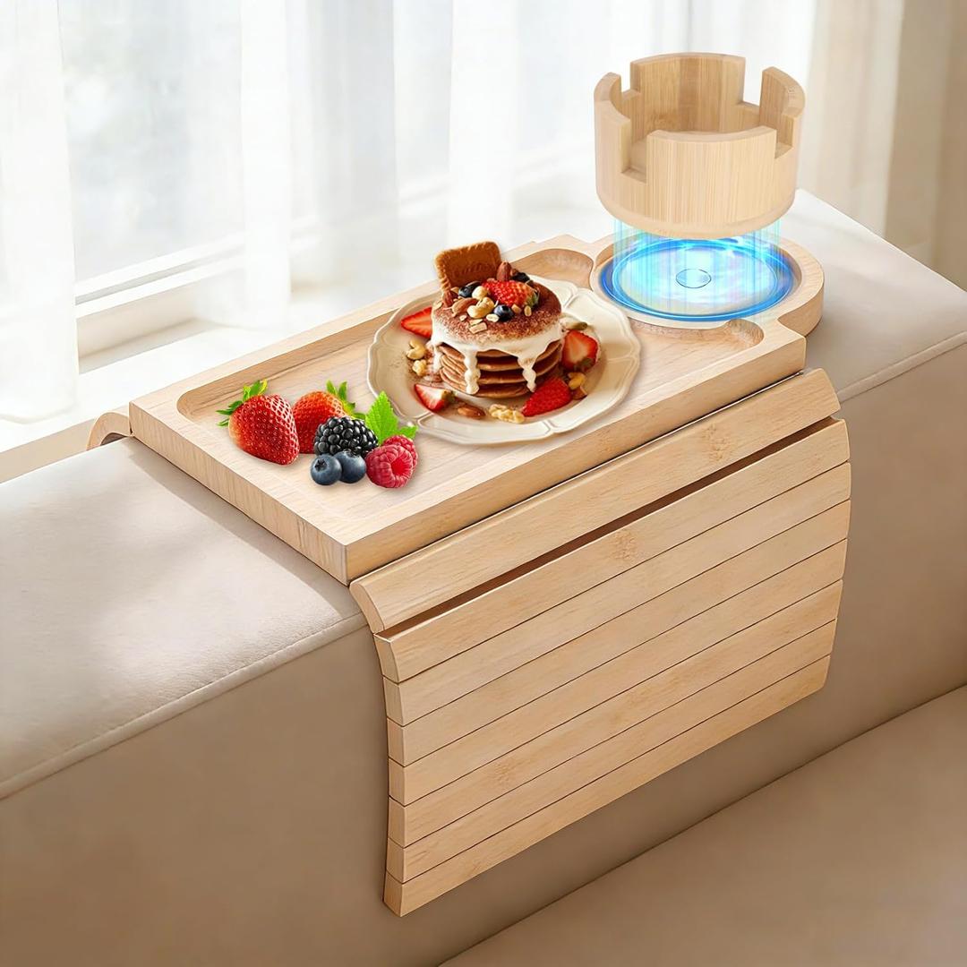 Couch Cup Holder Tray, 3-in-1 Bamboo Couch Armrest Table with 360 Rotating Magnetic and Detachable Phone Holder Stand, Foldable Anti-Slip Sofa Arm Tray for Remote, Phone, Snacks and Drinks, 13.19 inches x 6.3 inches x 2.56 inches