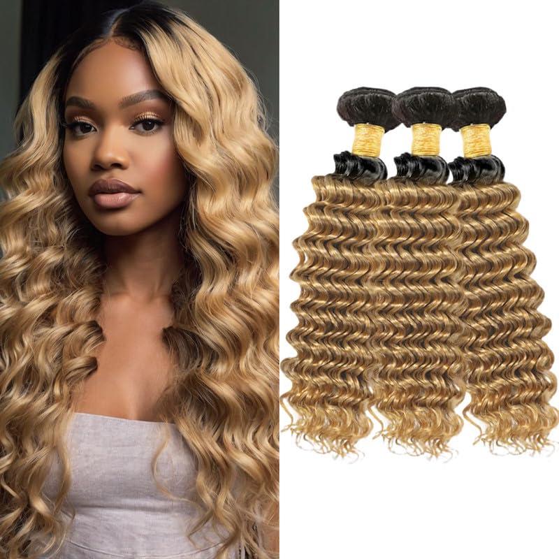 Honey Blonde Bundles Human Hiar 24 26 28 inch Ombre Deep Wave Hair Weave for Black Women Brazilian Virgin Hair 12A Quick Weave 3 Bundles Double WeftBlack Ombre Honey Blonde#T1B/27)