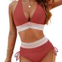 Blooming Jelly Women High Waisted Bikini Sets Tummy Control Swimsuits Color Block Two Piece Drawstring Bathing Suit (XX-Large, Brick Red)