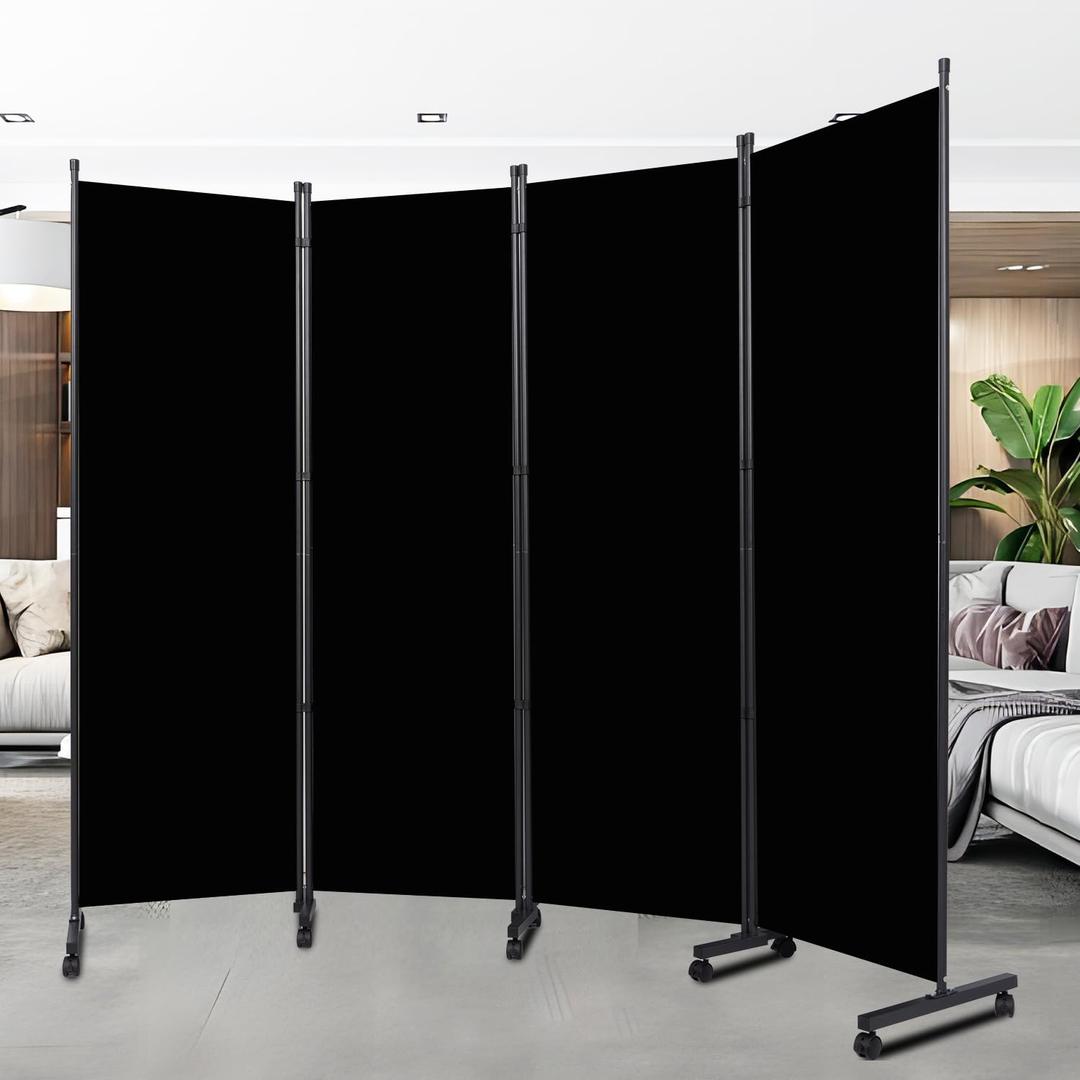 Room Divider Portable 88'' Partition Room Dividers and Folding Privacy Screens 4 Panel Wall Divider for Room Separation, Freestanding Fabric Room Divider Panel with Wheels for Home Office Hospital (Black)