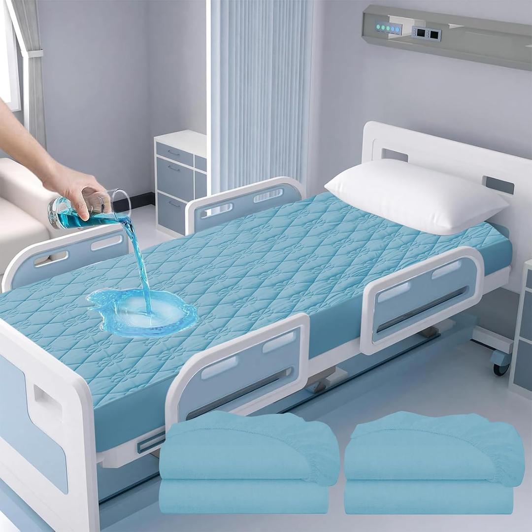 Waterproof Hospital Bed Sheet Mattress Cover Protector Hospital Grade Incontinence Protection, Soft Breathable Fabric for Elderly, Adults Machine Washable (2, Light Blue, 36 * 80inch)