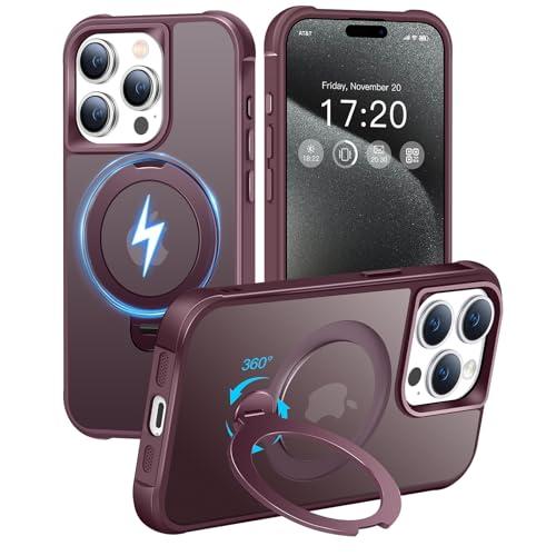 HuwaiH 360° Rotatable Magnetic Ring Stand for iPhone 15 pro max Case, Compatible with MagSafe, Military-Grade Shockproof, Anti-Scratch Matte Translucent Phone Case for iPhone 15 pro max(Burgundy)