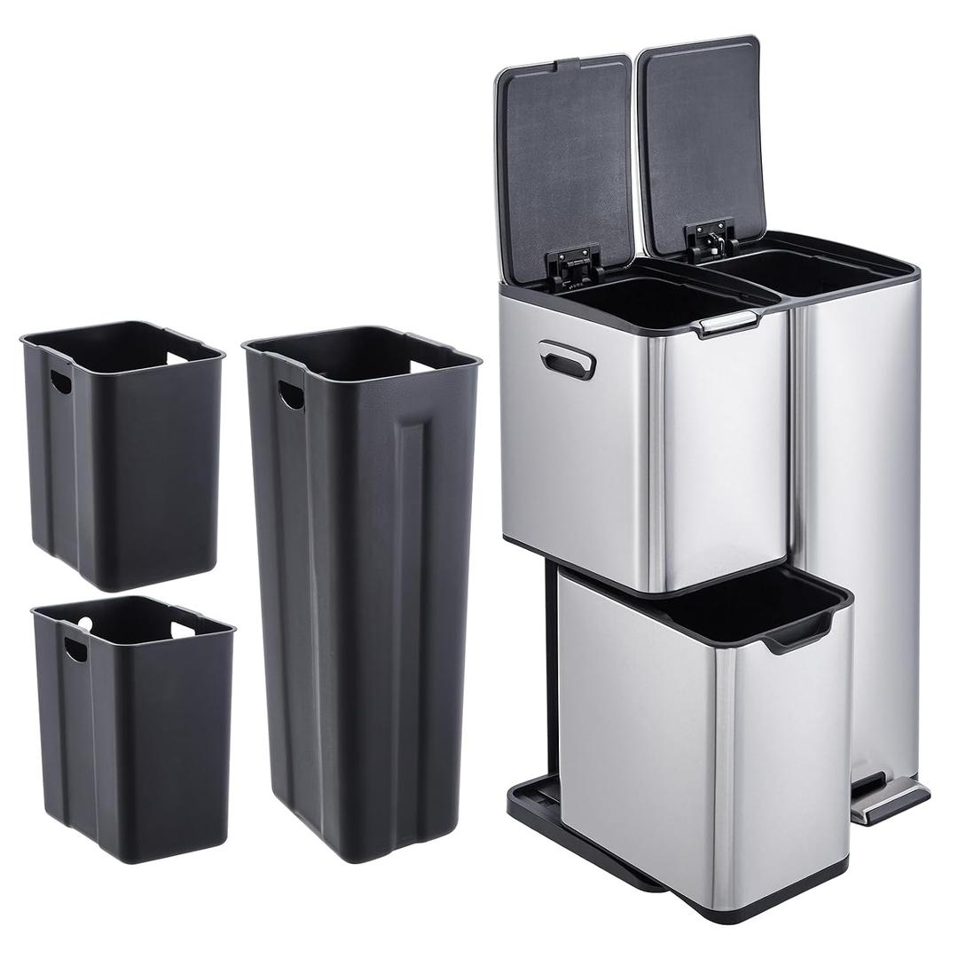 16 Gal Recycle Bins for Kitchen, Triple Compartment Garbage Can with Lid, Stainless Steel Trash and Recycling Bin Combo with Inner Bucket & Foldable Foot Pedal for Home Office, Silver