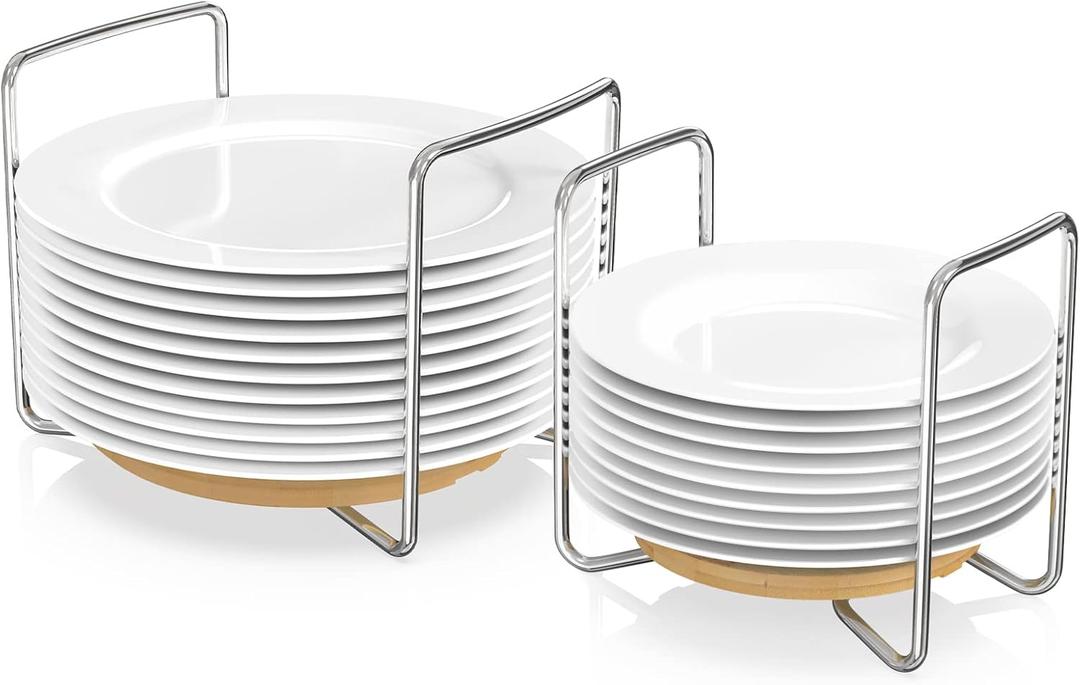 Wisuce Dish Racks for Kitchen Countertop Organizer - Bamboo Plate Holder Adjustable Size | Stainless Steel 304 Portable Handle for Kitchen Drawer Countertop Cupboard Shelf (1*Small&1*Large, Yellow)