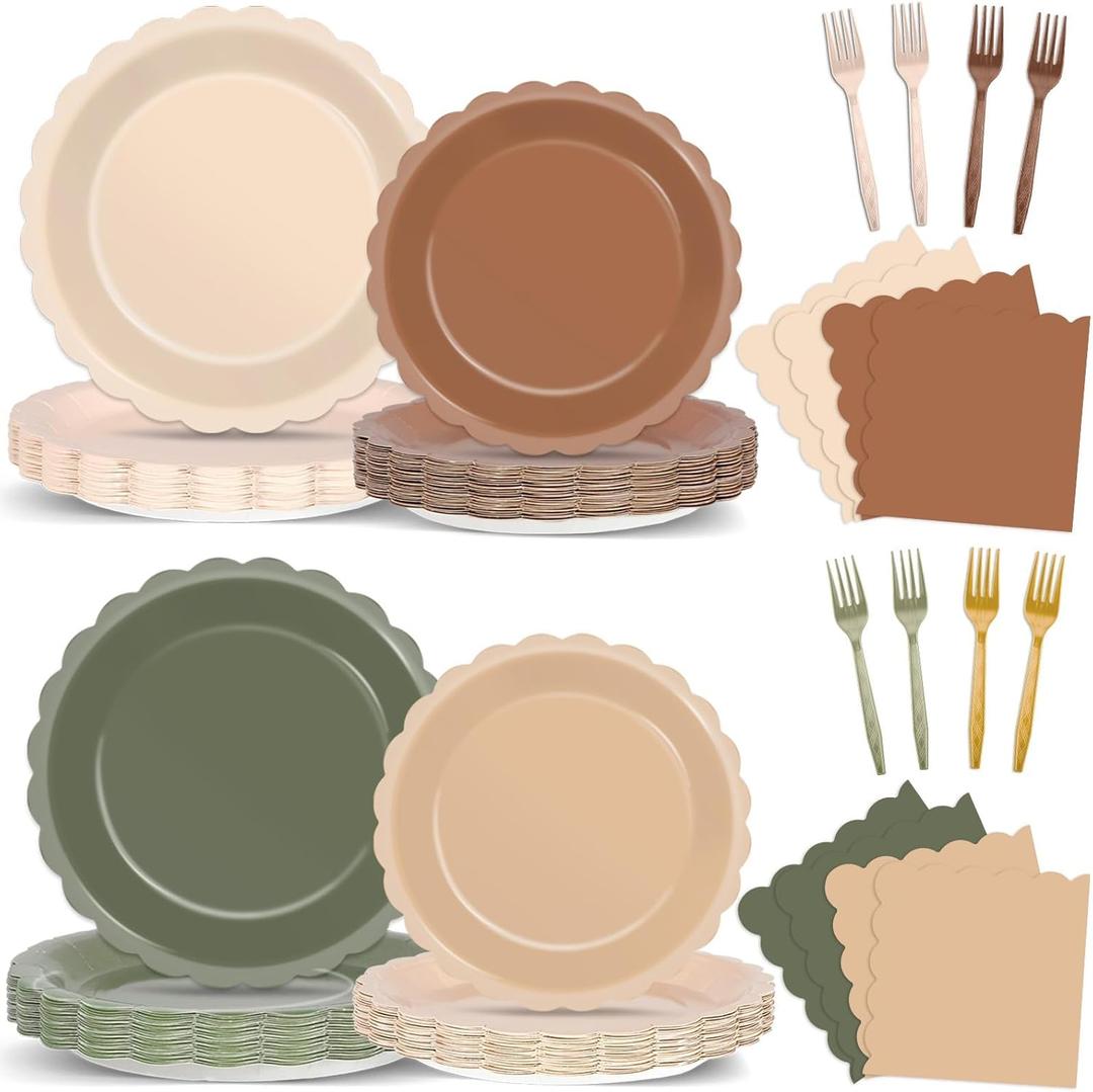 96pcs Woodland Baby Shower Decorations Brown Sage Green Plates and Napkins Woodland Party Scalloped Disposable Dinnerware Brown Sage Green Tableware for Wedding Forest Safari Animal Theme Supplies