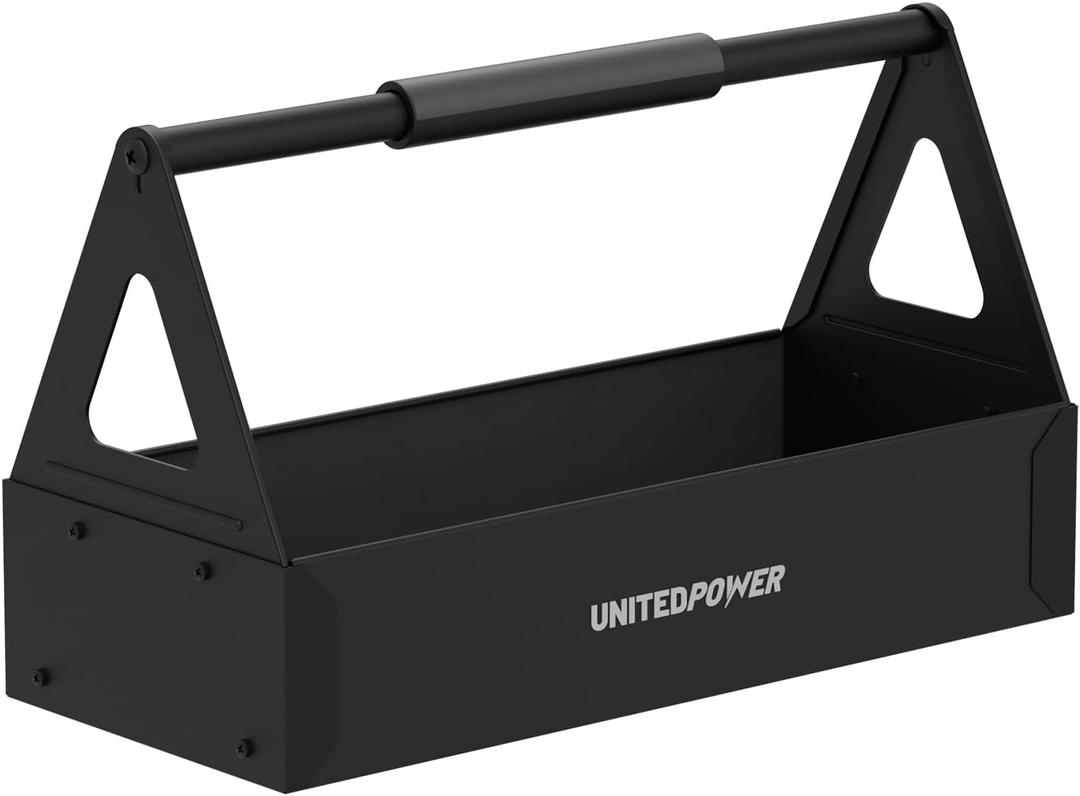 UNITEDPOWER Handy Tool Box, Portable Metal Tote Tray with comfortable grip handle, Tool Organization for Household, Warehouse, Repair Shop, Black