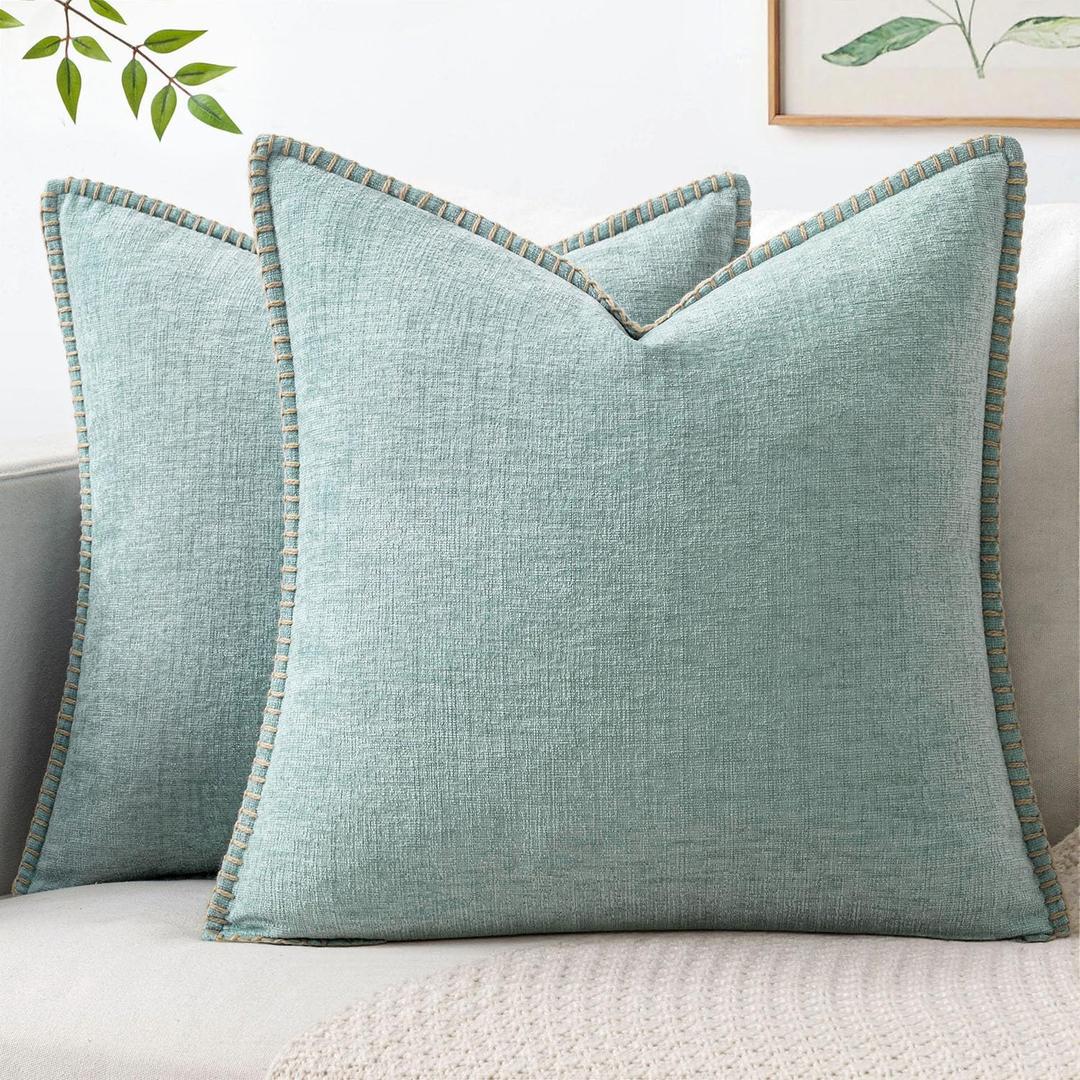 MIULEE Pack of 2 Summer Throw Pillow Covers 18x18 Inch Coastal Light Blue Farmhouse Cottage Decorative Pillow Covers Stitched Edge Soft Chenille Pillow Covers for Couch Sofa Bed Living Room,Aqua Haze