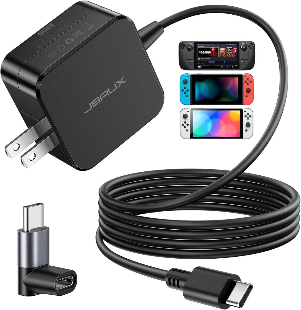 JSAUX 45W USB C Charger for Steam Deck/OLED, 5FT Cable Type C PD 3.0 45 Watt Fast Charging Compatible with Steam Deck, Switch/OLED, iPhone Air/17/16/15, Samsung S25 S24 S23 S22, Pixel, iPad, MacBook