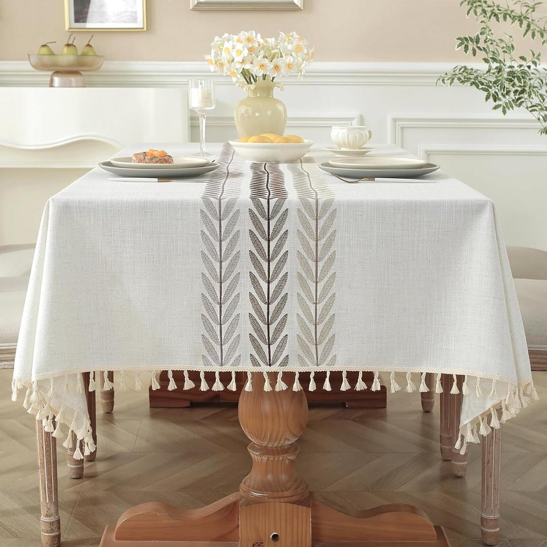 Laolitou Cotton Linen Waterproof Tablecloth for Dining Table Farmhouse Kitchen Rectangle Table Cloth Coffee Wrinkle Free Cover, Beige, Wine Leaf, 55x70 Inch