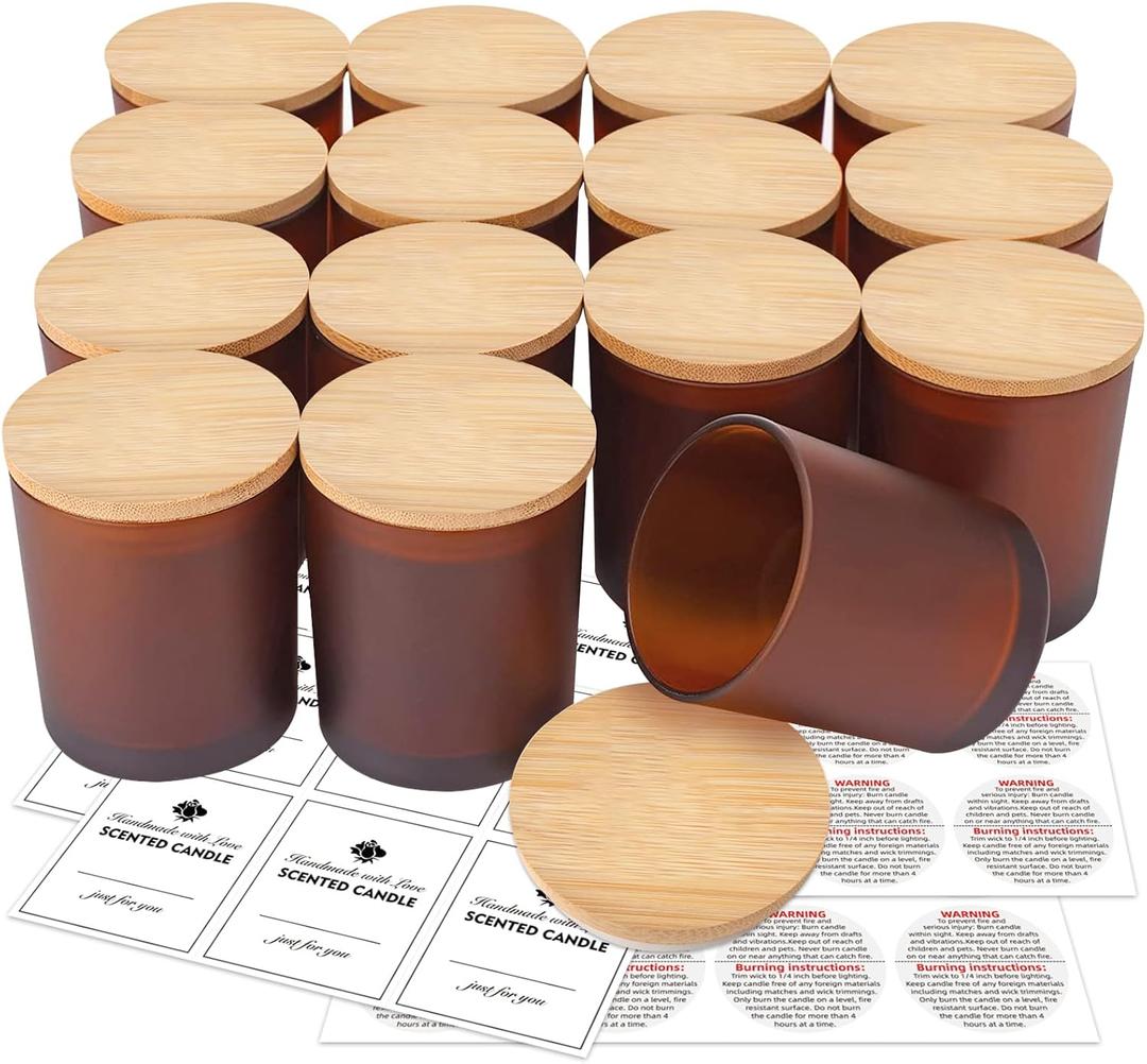 15 Pack Candle Glass Jars- 7oz Frosted Amber Empty Candle Jar with Bamboo Lids and Sticky Labels, Matte Brown Candle Jars in Bulk for Making Candle Containers - Dishwasher Safe-7 fl.oz