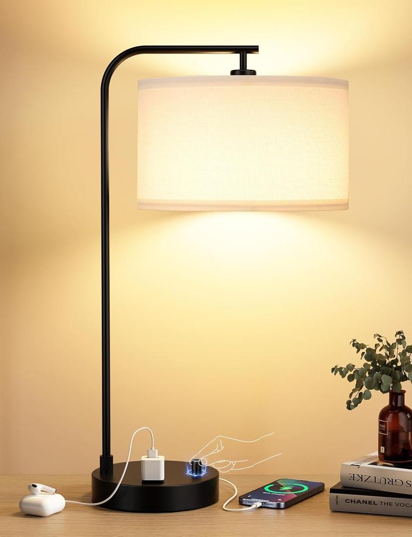 Innqoo White Side Table Lamp with USB Port and Outlet, Dimmable Nightstand Bedside Lamps with Linen Lampshade, Desk Lamp for Bedroom, Living Room, Guest Room, Home Office, LED Bulb Included