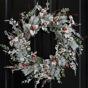 Hometrance Winter Christmas Wreaths for Front Door 20 Inches, Faux Xmas White Red Wreath for Window Outdoor Outside, Artificial Farmhouse Holiday Modern Wreath for Indoor Porch Decor (Green 04)