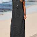 KIRUNDO Womens Summer Dresses 2026 Spring Ribbed Knit Henley Short Sleeve Maxi Dress Button Up Loose Beach Vacation Sundress (Black, M)