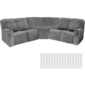 Peryiter 7 Pcs L Shape Sectional Recliner Sofa Covers 5 Seat Sectional Couch Covers Milk Silk Velvet Stretch Reclining Sofa Slipcover Furniture Protector for Living Room, (Dark Gray, Velvet)  