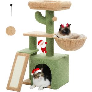 PETEPELA Cactus Cat Tree for Indoor Cats, 32'' Small Cat Tower Cat Condo with Sisal Scratching Ramp, Cozy Hammock and Removable Top Bed Perch for Kittens, Green