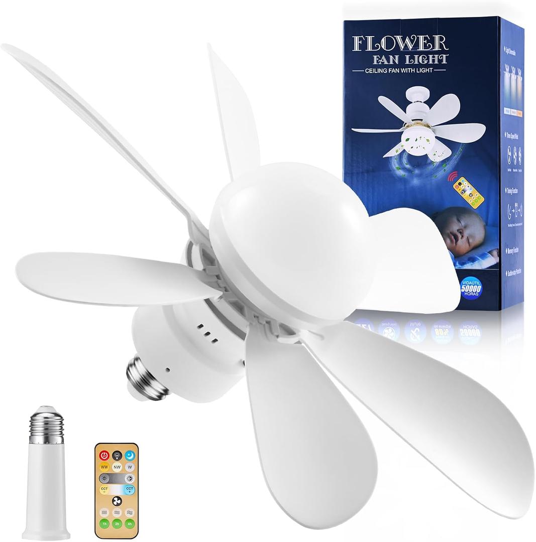 Socket Fan Light - Ceiling Fans with Lights and Remote/Socket Extender,Adjustable brightness and 3 color temperature of lighting Wind Ceiling Fan for Bedroom, Kitchen, Living Room (White)