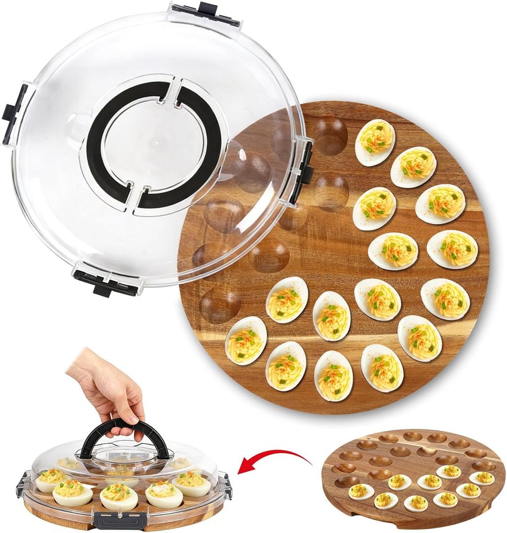 Deviled Egg Containers with Lid, Deviled Egg Platter Tray Carrier Plate Holder with 24 Slots, Acacia Wood Egg Dish for Easter Gift Party Holiday Kitchen Home (Black)