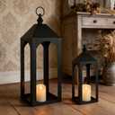 23" 17" Large Black Metal Candle Lanterns Decorative Indoor Modern Farmhouse Lantern Decor Set of 2 Outdoor Lanterns for Porch Patio Floor Mantle Fireplace Lantern for Christmas Halloween Home Decor