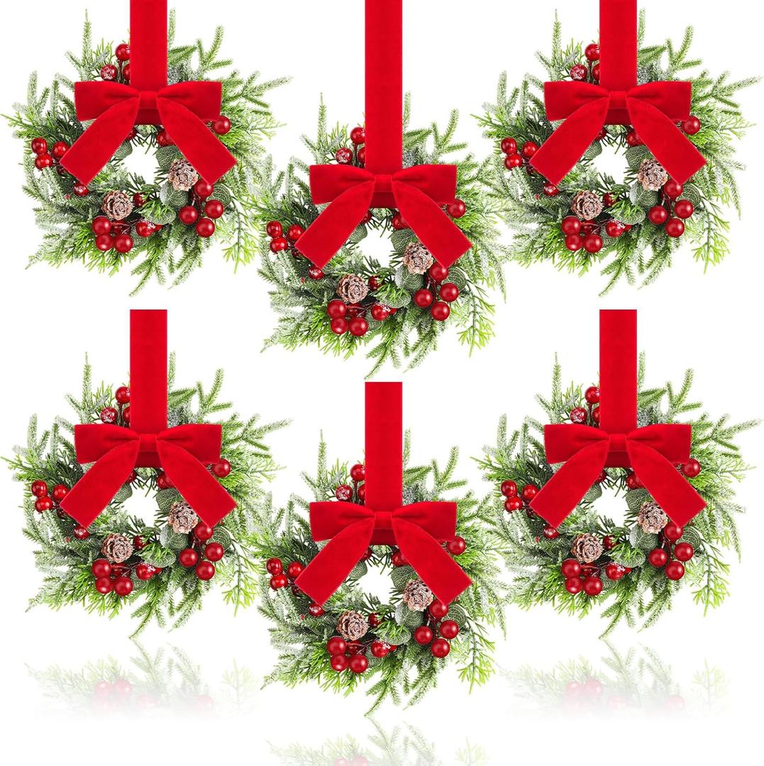 Dingion 6 Pcs Mini Christmas Kitchen Cabinet Wreath Small Christmas Wreath Decorations Norfolk Pine Artificial Berries Snowy Pine Garland with Red Ribbon for Xmas Table Centerpiece Front Door Decor