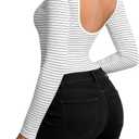 Long Sleeve Backless Black Bodysuit Stripe Tops Shirts Open Back Slim Fit Croop Neck Going Out Sexy Basic Tops White, X-Large