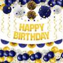 KatchOn, Gold and Blue Birthday Decorations Set - Big, Pack of 47 | Happy Birthday Banner, Balloons, Pom Poms, Swirls | Happy Birthday Decorations | Blue and Gold Party Decorations