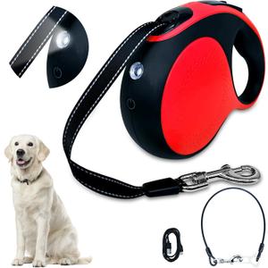 Retractable Dog Leash with chew-Proof Cord and LED Flashlight, 16-ft Heavy-Duty Dog Leash, Suitable for Small/Medium Dogs Weighing up to 110 pounds, Reflective Rope, 360 Anti-tangling.(Red+16Ft+LED)
