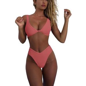 geluboao Bikini Set for Women Solid V Neck Knot Front Push Up High Leg Thong Two Piece Swimsuit L