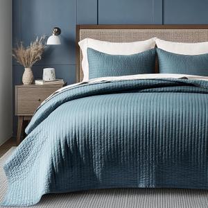 EVERGRACEHOME Cotton Sateen Quilt Set Queen Size, Pre-Washed Cotton Channel Stitch Coverlet Bedspread, 3 Pieces Lightweight Soft Bedding Sets for All Season, with 2 Pillow Shams, Sonoma Blue, Full/Queen